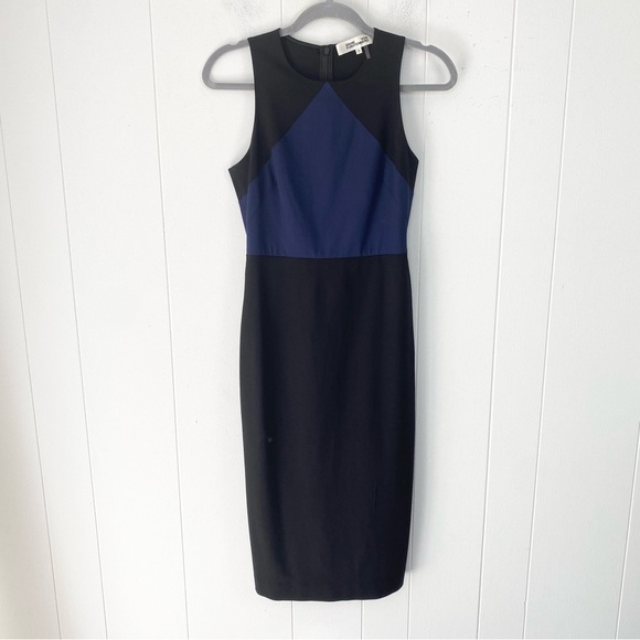 Diane von Furstenberg DVF Midi Dress Women’s 0 Black Blue Wool Sleeveless Sheath - Picture 1 of 16